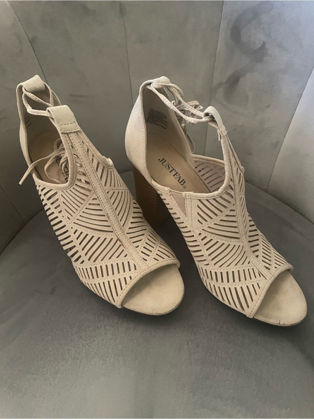 JustFab Beige Laser-Cut Peep-Toe Lace-Up Block Heels